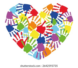 Colorful Handprints in Heart Shape. Diversity, Unity and Love Symbol. Multicolored Children Hand Prints Forming Heart. Abstract Art for Charity, Education, Multicultural Concepts