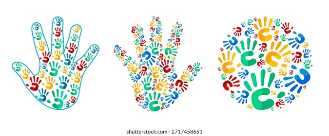 Colorful Handprints Mosaic Set. Featuring Creative Hand-Shaped and Circular Designs Composed of Multicolored Handprints Symbolizing Global Unity, Diversity, Childhood Education, and Human Connection.