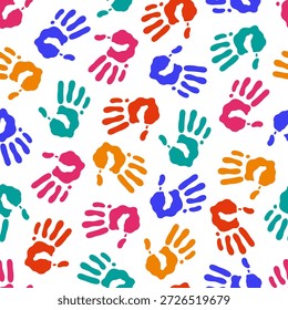 Colorful handprints seamless vector pattern. Holi, the traditional Indian festival of colors. Bright hand prints, multicolored spots. Gulal powder stain. Vibrant children palms, celebration background