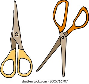 Colorful hand-rawn flat illustration in childish style. Doodle of scissors. Set of icons. Vector illustration