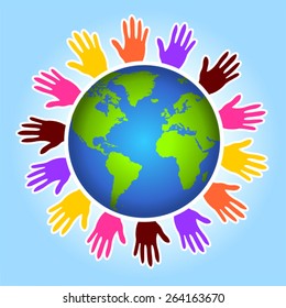 Colorful hands around the globe