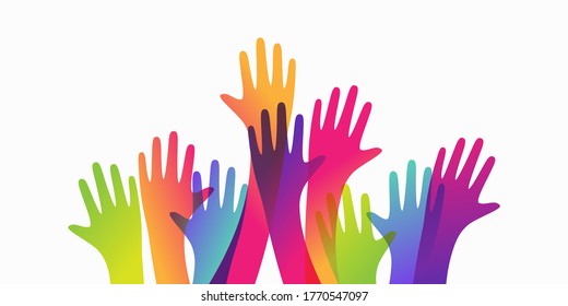 Colorful up hands. Charity teamwork vector concept illustration