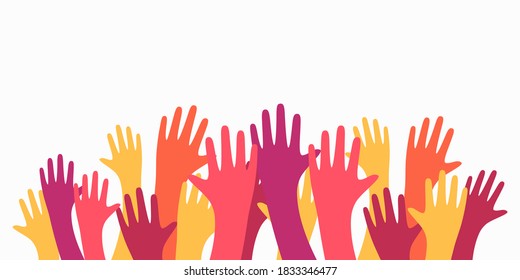 Colorful up hands. Charity teamwork vector concept illustration