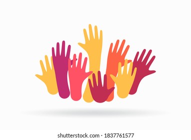 Colorful up hands. Charity teamwork vector concept illustration