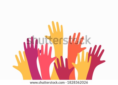 Colorful up hands. Charity teamwork vector concept illustration