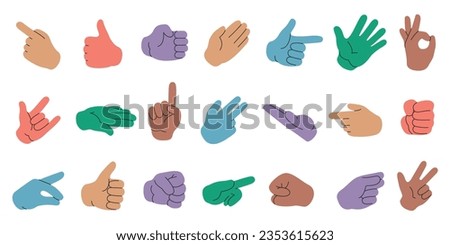 Colorful hands collection. Human arm and hand gestures, people gestures with fingers, point, shake, fist and hand sign. Vector flat set. Body language, showing different communicative symbols