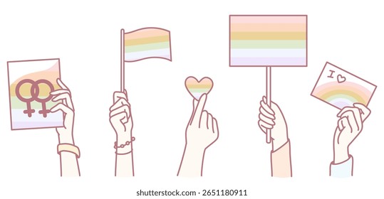 Colorful hands display various pride symbols, celebrating LGBTQ rights and diversity