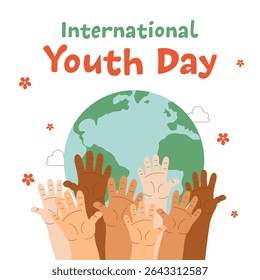 Colorful hands of diverse youth raised up around the globe celebrating International Youth Day. Unity, diversity, equality and hope for the future.