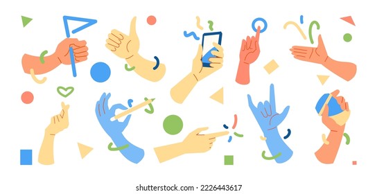Colorful Hands element different gestures, cute, cartoon, flat, vector, illustration,