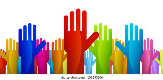 Colorful hands expressing their vote or decision.