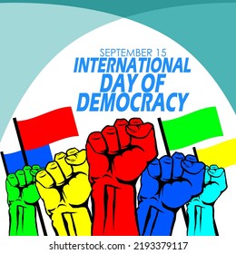Colorful hands with flags and bold text on light blue background to commemorate International Day of Democracy on September 15