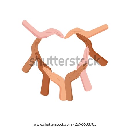 Colorful hands form heart shape. Raised arms symbolize unity, solidarity, and love. Representation of diverse people and community support in multicultural context, perfect for social, unity,