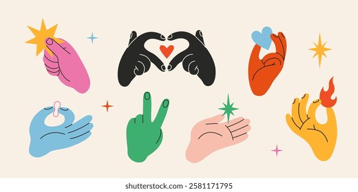 Colorful Hands gestures set. Gesturing human arms making Heart shape, holding fire and star, showing peace sign. Trendy modern vector isolated illustration, hand drawn, flat design