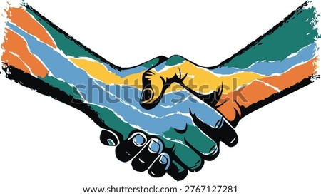 Colorful hands grasping in a symbol of unity and agreement with abstract patterns, shaking hands