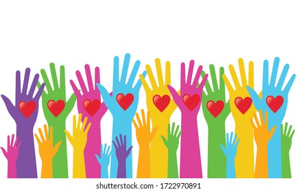 colorful hands with heart in palm, background concept, vector illustration