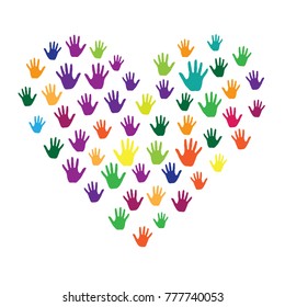 Colorful hands heart, palms isolated on white vector illustration. Multicolored handprints heart - symbol of love, compassion, humanity, friendship. Cartoon children hands prints in paint.