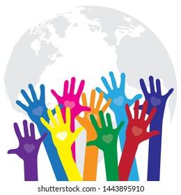 colorful hands with hearts and globe. people for planet earth 