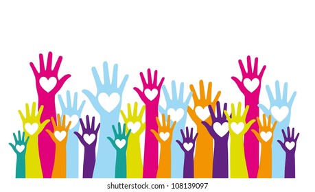 colorful hands up with hearts over white background. vector