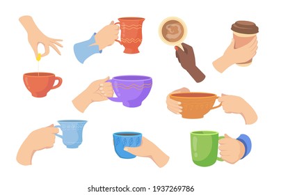 Colorful hands holding hot drinks in different cups flat illustration set. Cartoon elegant woman hands holding cups of tea or coffee isolated vector illustrations. Beverages and drinks concept