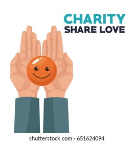 colorful hands holding in palms a coin in the form of happy face charity share love