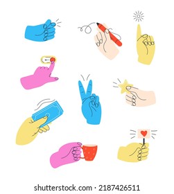 Colorful hands holding paper, cash, money. Different gestures sign vector. Human hand holds pen, pencil. Thumb u, poiner finger.