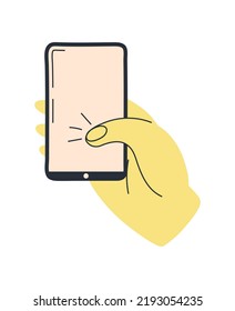 Colorful hands holding smartphone. Different gestures sign vector. Human hand holds phone.