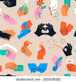 Colorful Hands holding stuff. Different gestures. Hands with cup, magic wand, banner, money, wine glass, microphone, etc. Hand drawn Vector seamless Pattern. Background, wallpaper