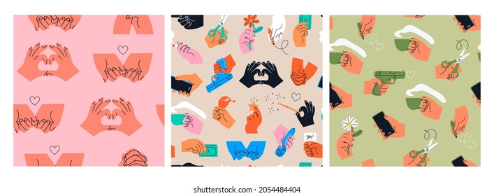 Colorful Hands holding stuff. Different gestures. Hands with cup, magic wand, banner, money, wine glass, microphone, etc. Set of three Hand drawn Vector seamless Patterns. Background, wallpaper