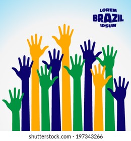 Colorful up hands icon using Brazil flag colors 2016, vector illustration 