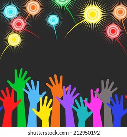Colorful hands multicultural crowd on holiday background, vibrant abstract firework