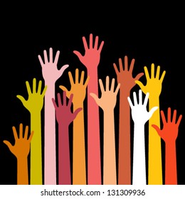 Colorful Up Hands On Black Background, Vector Illustration