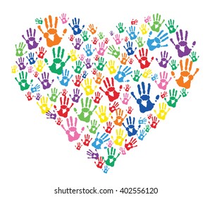 colorful hands prints in heart 