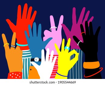 Colorful Hands Raised Up. Cartoon Vector Illustration