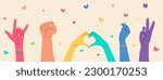Colorful hands raised up. Rainbow colors.Vector illustration