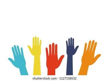 Colorful hands are raised upwards