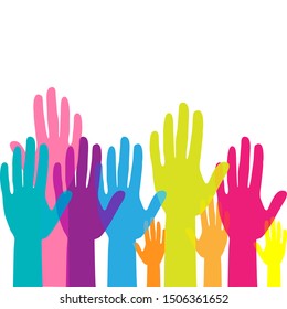 Colorful up hands. Raised hands volunteering. team work concept. Vector illustration.