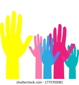 Colorful up hands. Raised hands volunteering. team work concept. Vector illustration.