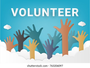 Colorful up hands. Raised hands volunteering vector concept.  paper art and craft style.