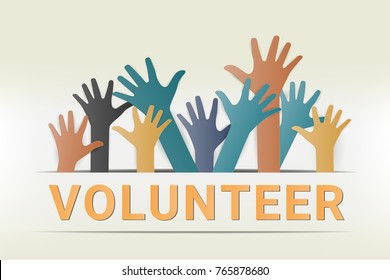 Colorful up hands. Raised hands volunteering vector concept.  paper art and craft style.