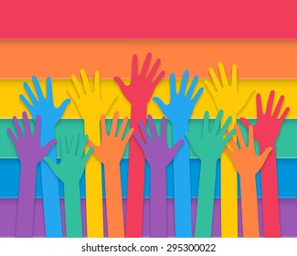 colorful hands raising up with rainbow colors of pride flag. vector.