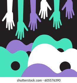 Colorful hands reach for colorful guitars in this music graphic