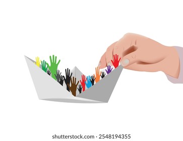 Colorful hands reaching out from a paper boat held by a large hand, symbolizing refugee rescue and humanitarian aid