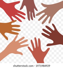 Colorful hands reaching towards each other. Concept of human relation, togetherness or partnership. Vector flat isolated illustration of palms on a transparent background