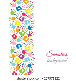 Colorful hands. Seamless border background. Vector illustration