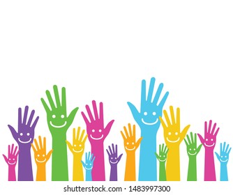 colorful hands with smiley faces background concept, vector illustration