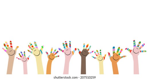 manos coloridas con caras sonrientes