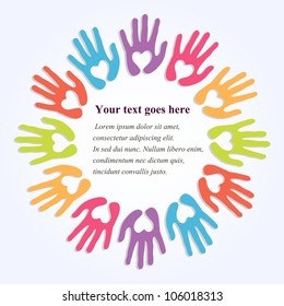 colorful hands with symbolic hearts as a frame for your text