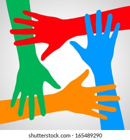 Colorful hands symbolizing friendship, help and support.