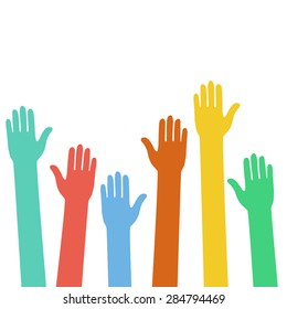 Colorful hands symbolizing society, charity, aid, religious and racial diversity