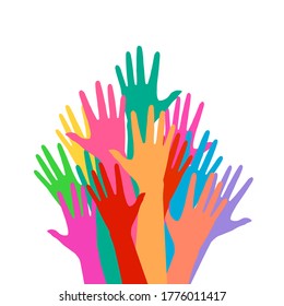 There’re a lot of colorful hands trying to get reached to something isolated on white background. Concept about voter, election, people, citizens and etc.